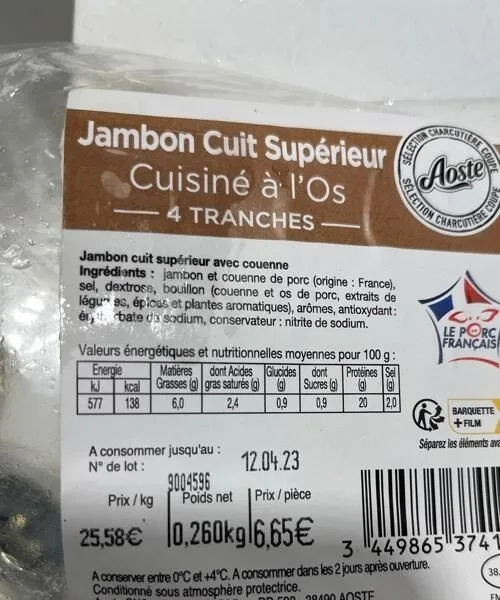 Jambon cuit supérieur Cuisiné à l'os