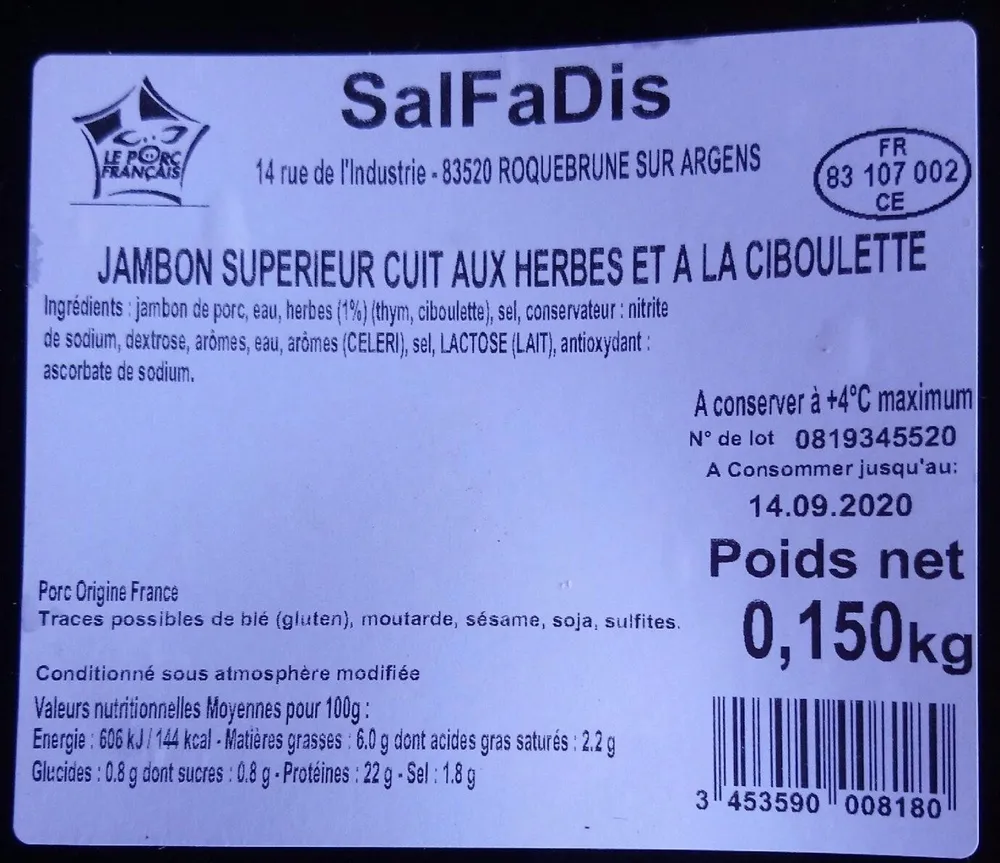 Jambon supérieur cuit aux herbes et à la ciboulette