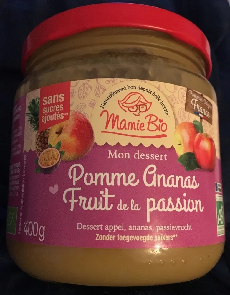 purée pommes ananas et de jus de fruit de la passion bio