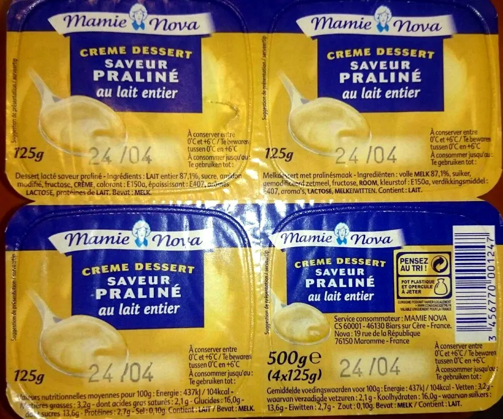 Crème dessert saveur praliné au lait entier