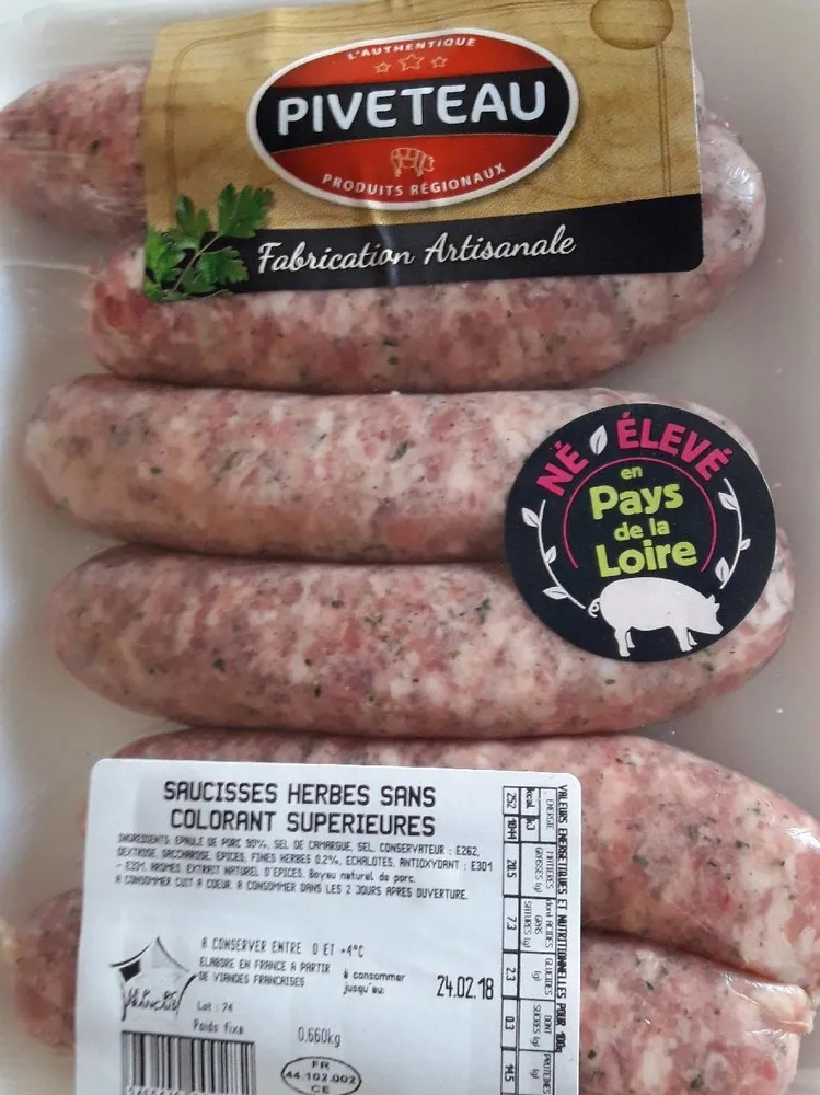 Grosses saucisses aux herbes sans colorant PIVETEAU, 6 pieces