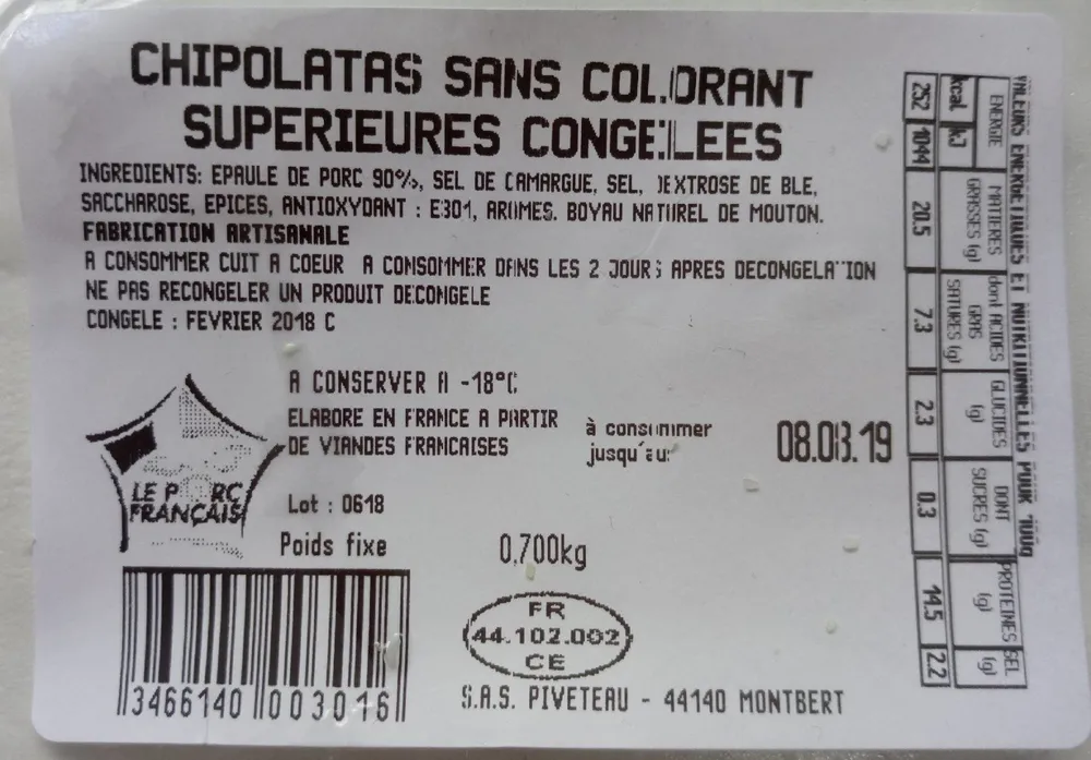 Chipolatas sans colorant supérieures congelées
