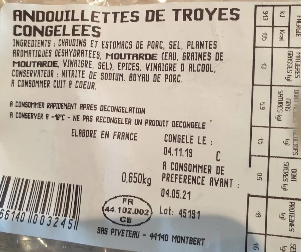 Andouillette de Troyes surgelées
