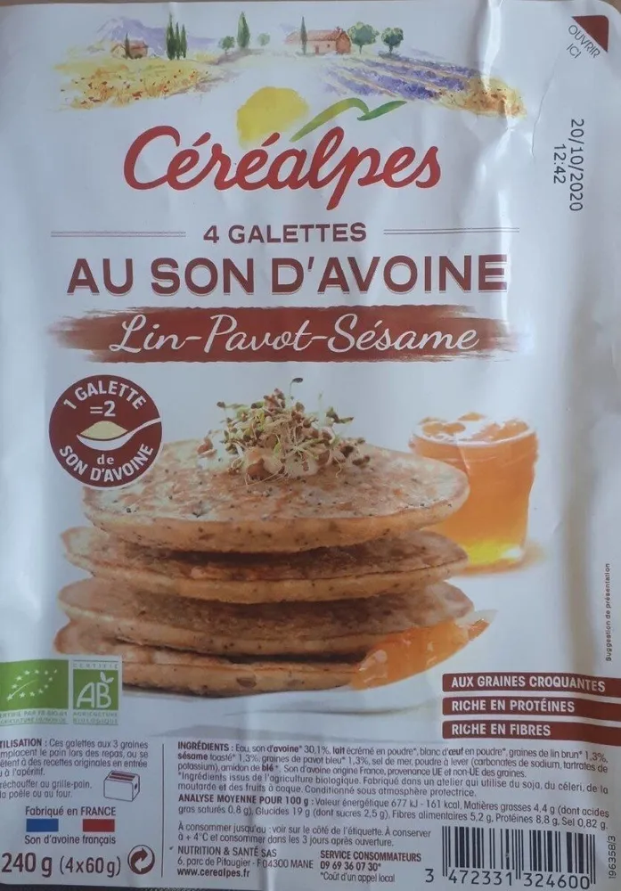 Galette son d'avoine.  Lin-Pavot-sesame