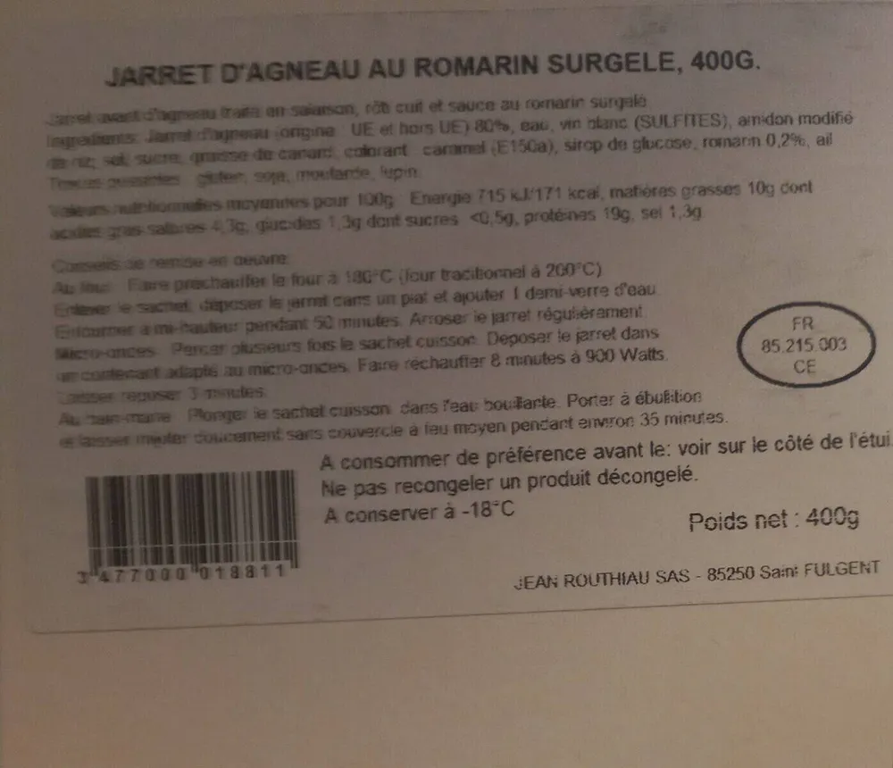 Jarret d'agneau au romarin surgelé 400g