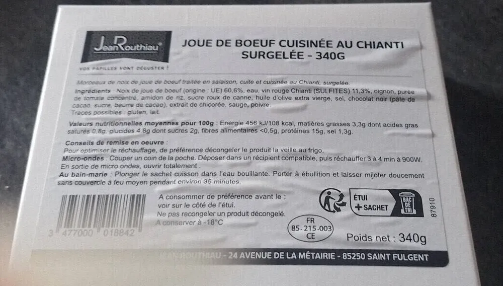 Joue de bœuf cuisinée au chianti