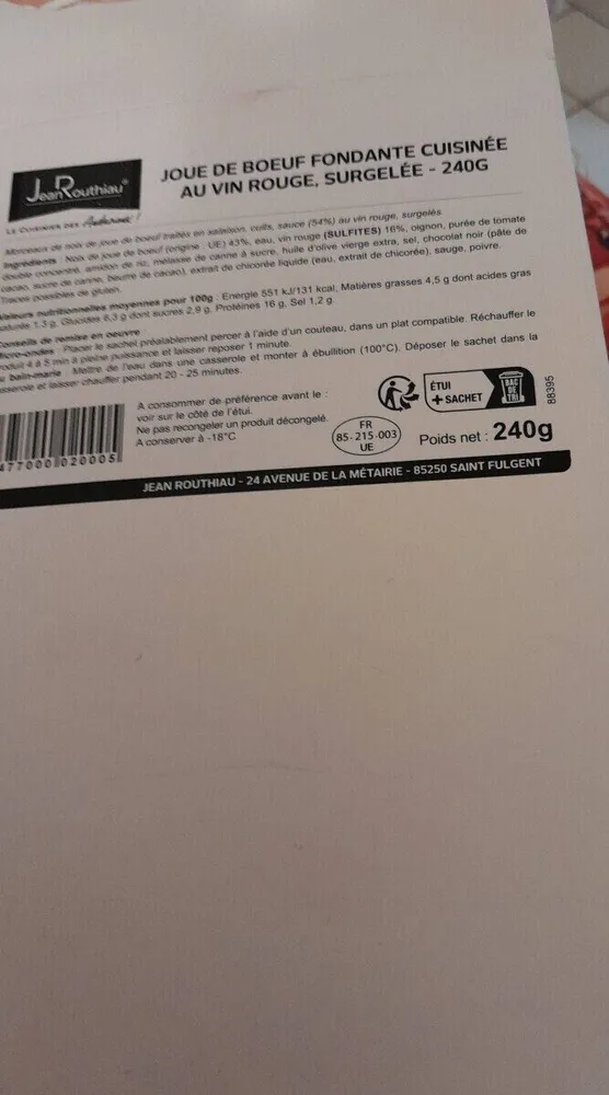 Joue de bœuf cuisinee surgelée