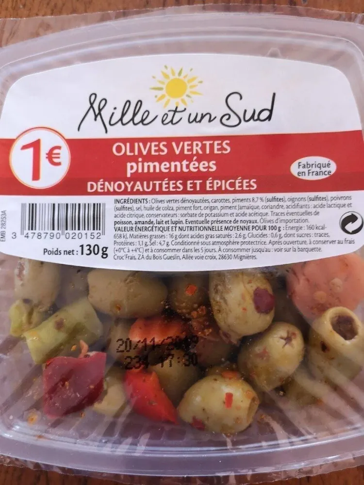 Olives vertes pimentées dénoyautées et épicées