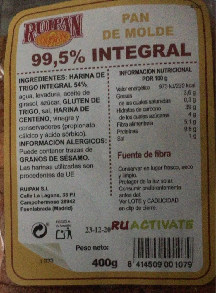 Pan de molde integral