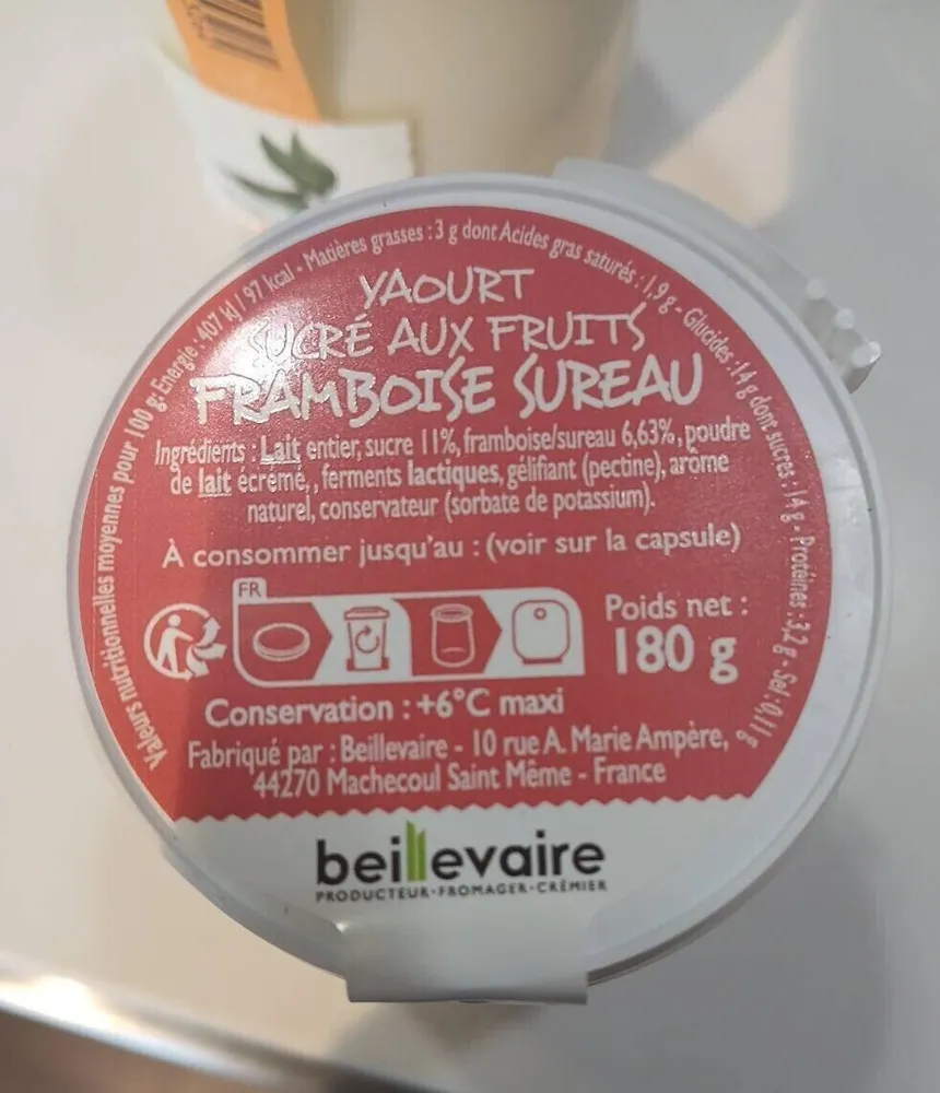 Yaourt sucré aux fruits Framboise Sureau