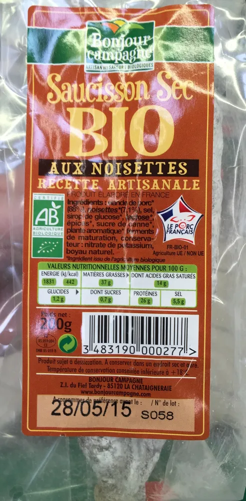 Saucisson sec Bio aux noisettes
