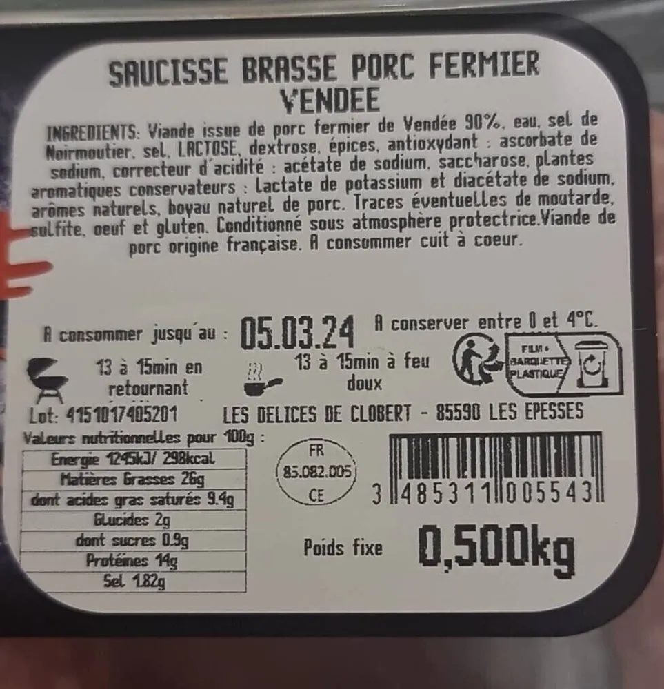 Saucisse brasse porc fermier vendee