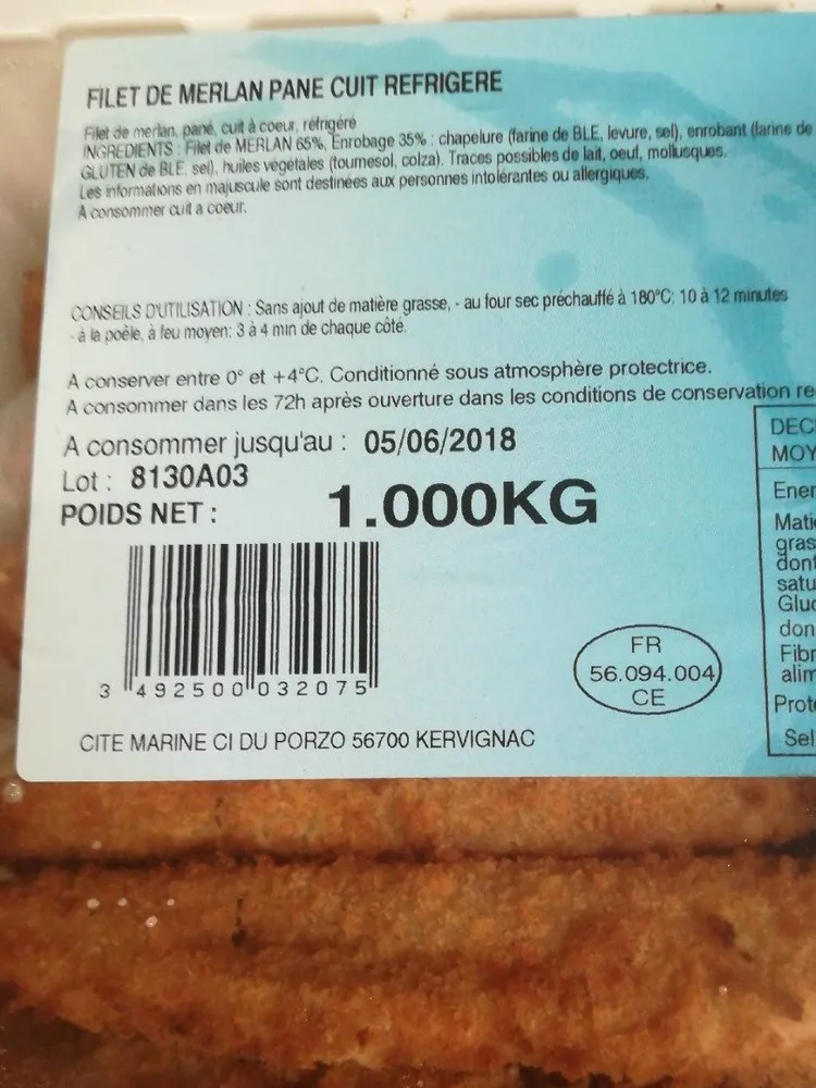 Filet de merlan pané cuit réfrigéré