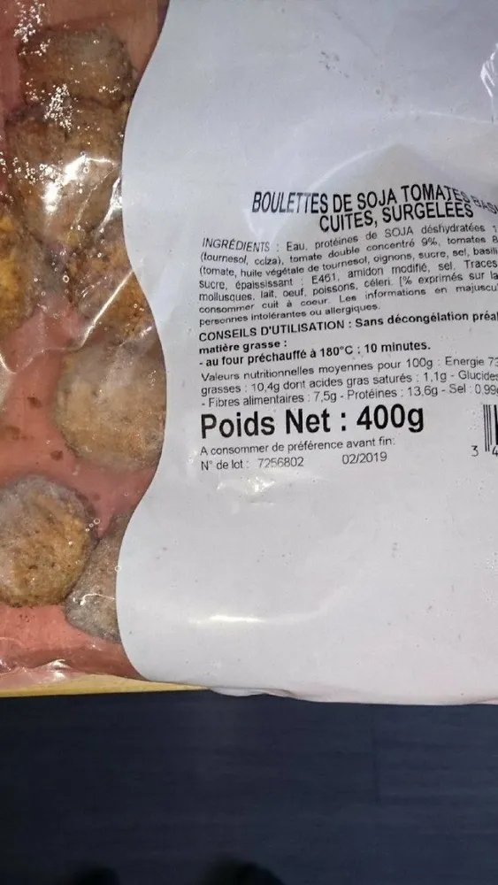 Boulettes de soja tomates basilic cuites,surgelés