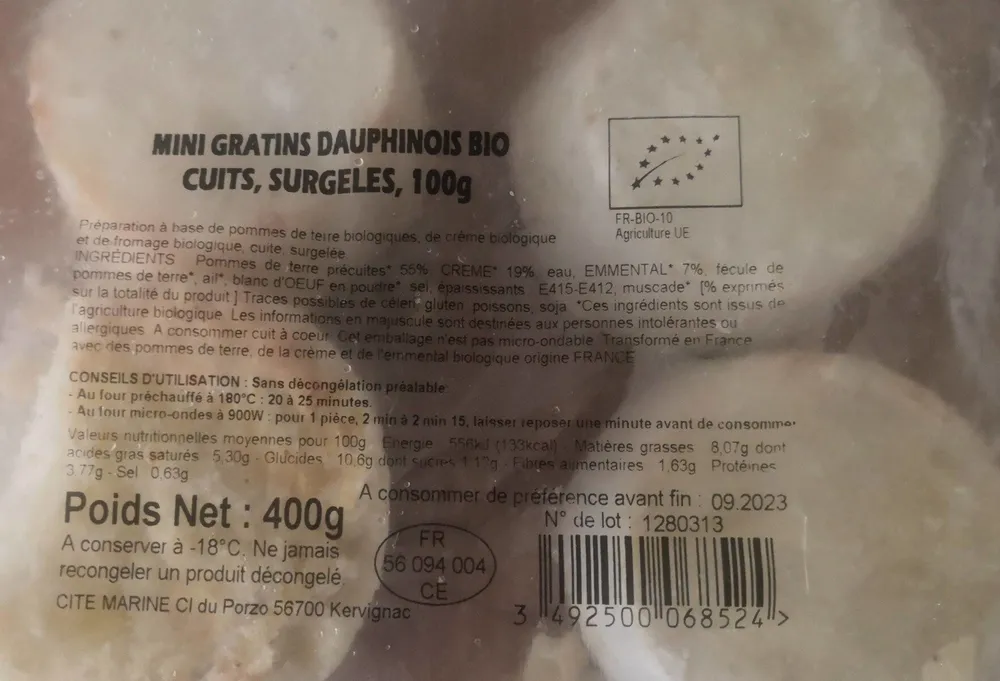 Mini gratins dauphinois Bio cuits surgelés