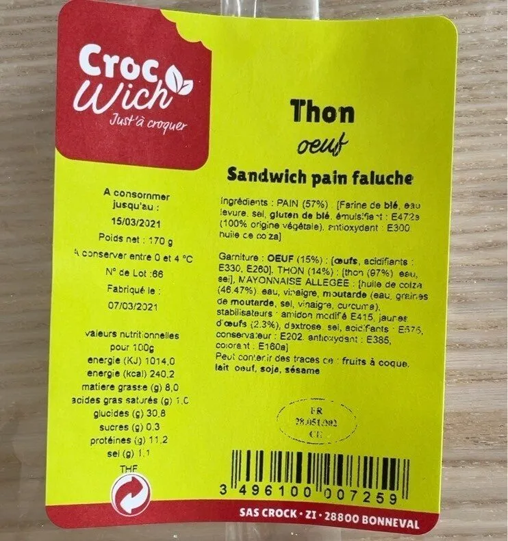 Sandwich Pain Faluche Thon Oeuf