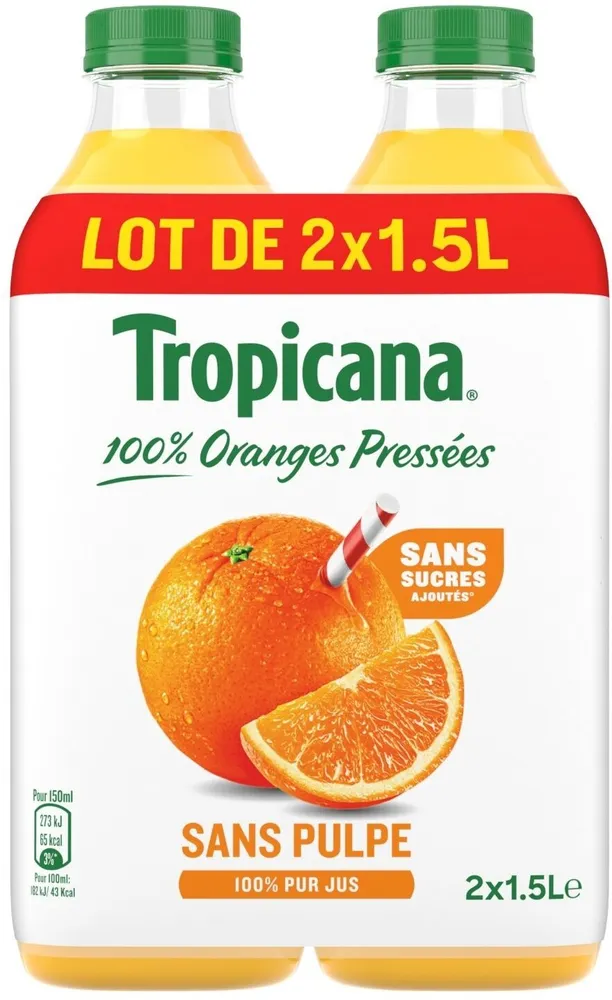 Tropicana sans pulpe lot de 2 x 1,5 L