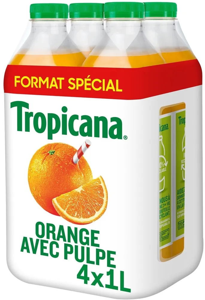 Tropicana 100% oranges pressées avec pulpe format spécial lot de 4 x 1 L
