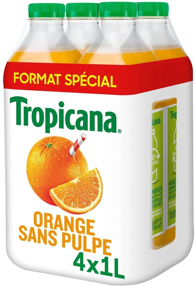 Tropicana 100% oranges pressées sans pulpe format spécial lot de 4 x 1 L