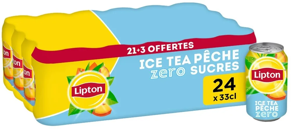 Lipton Ice Tea saveur pêche zéro sucres 21 x 33 cl + 3 offertes