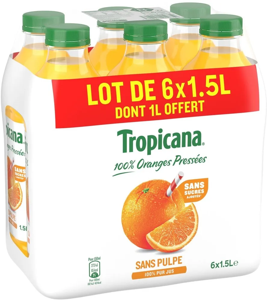 Tropicana Orange sans pulpe lot de 6 x 1,5 L dont 1 L offert