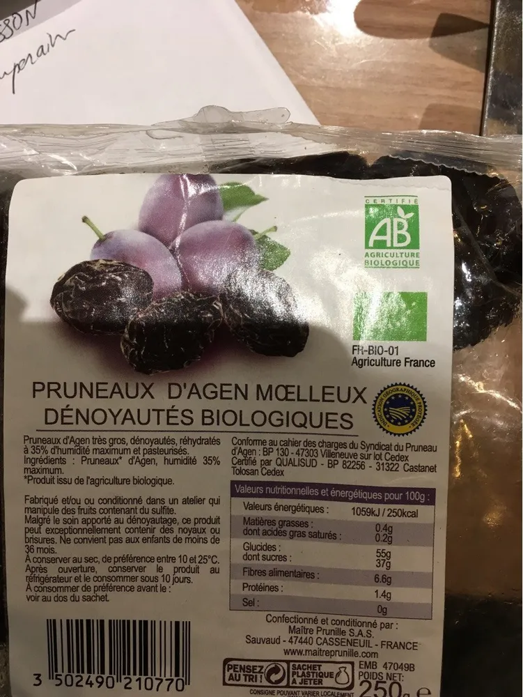 Pruneaux d’agen moelleux dénoyautés biologiques