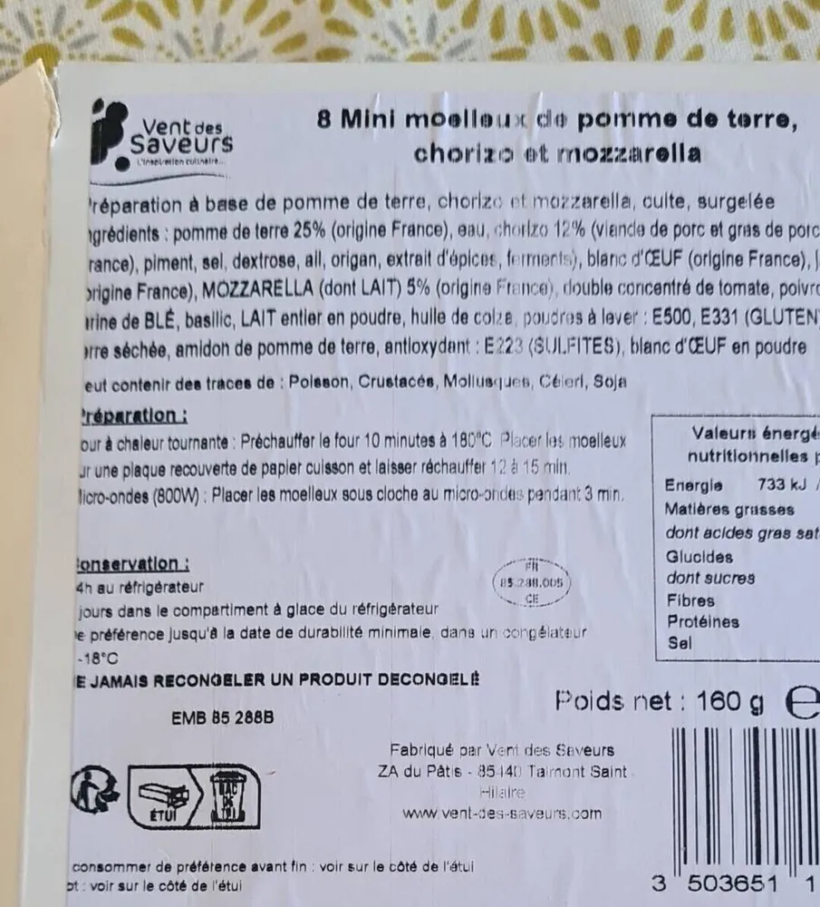 8 mini moelleux de pommes de terre  chorizo et mozzarella