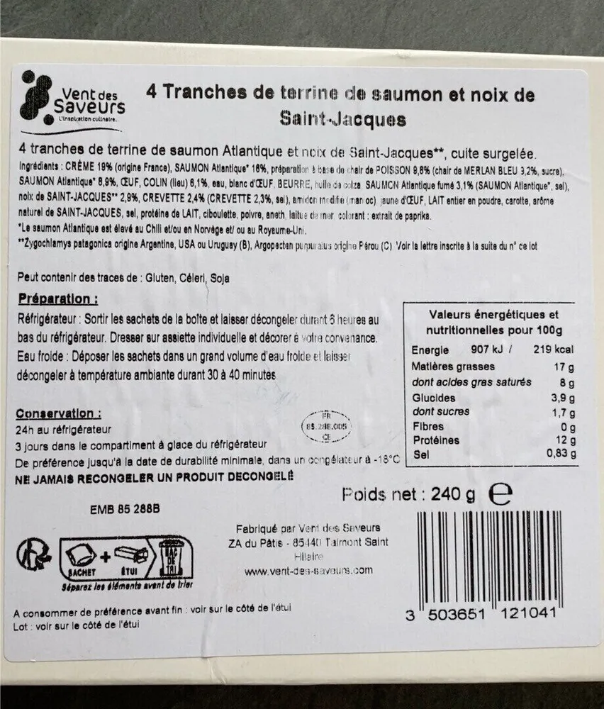 4 tranches terrine de saumon et noux de St Jacques