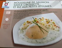 Mousseline de saumon sauce ciboulette et riz aux petits legumes