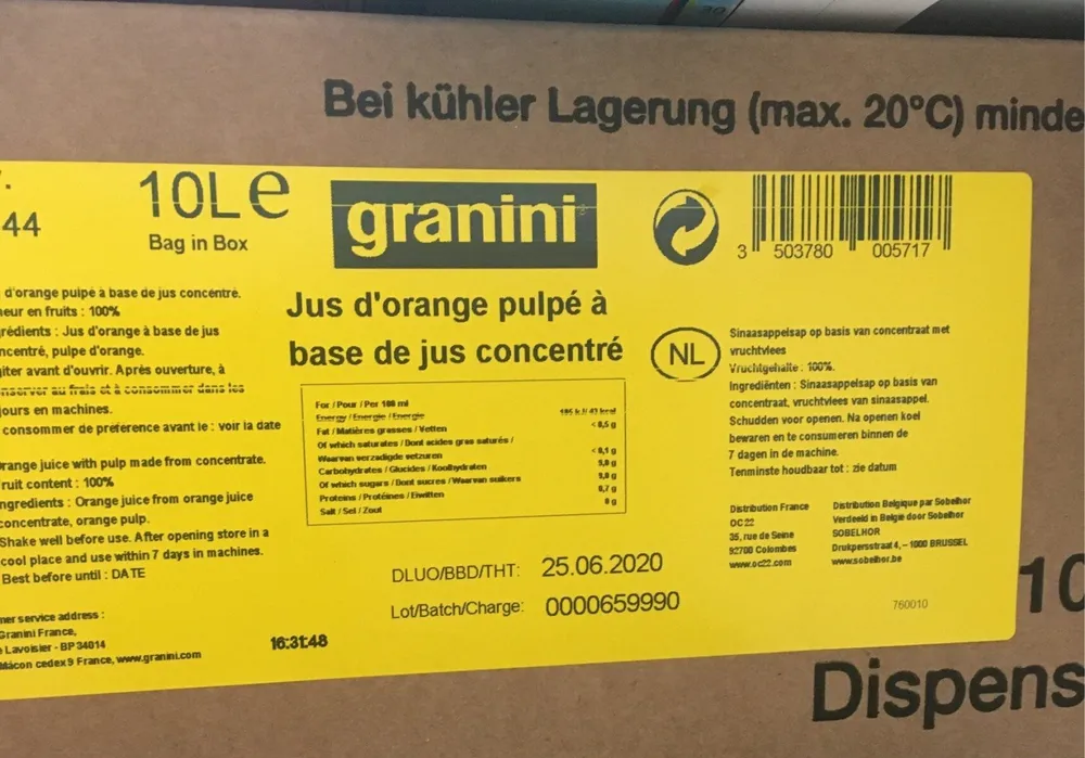 Sinaasappelsap Bag-in-box, Doos 10 LTR