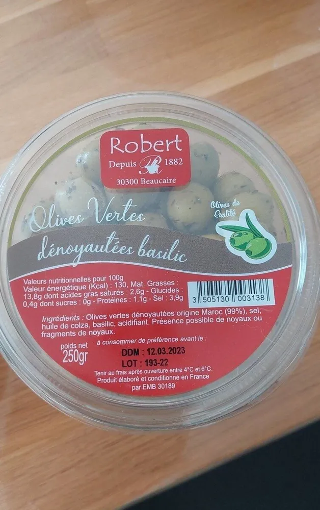 Olives vertes dénoyautées basilic