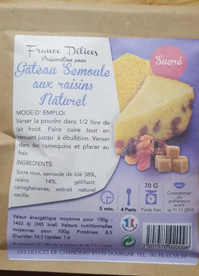 Gâteau Semoule aux Raisins Naturel