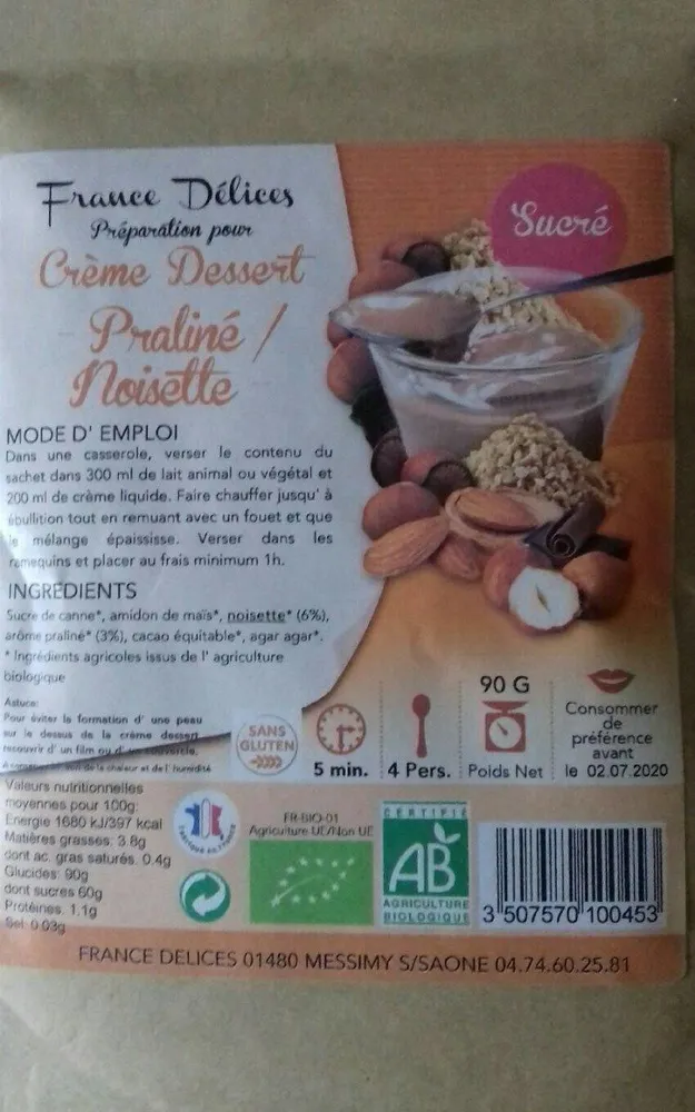 Crème dessert praliné noisettes