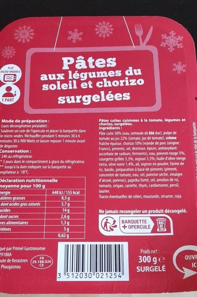 Pâtes aux légumes du soleil et chorizo
