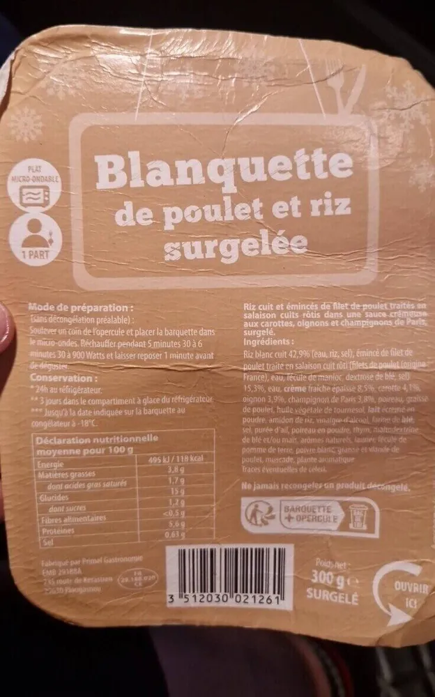 Blanquette de poulet et riz surgelée
