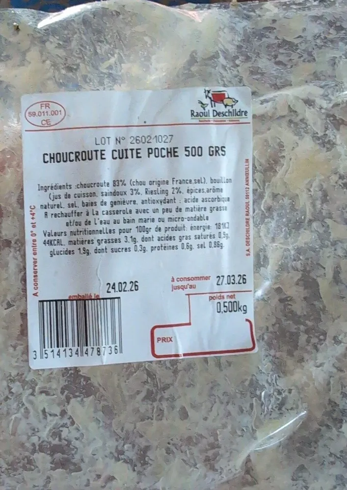 Choucroute cuite poche 500g
