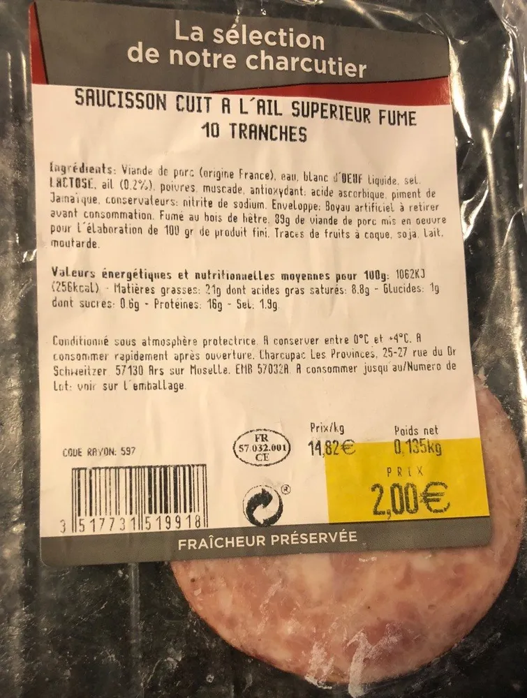 Saucisson cuit a l'ail superieur fume 10 tranches