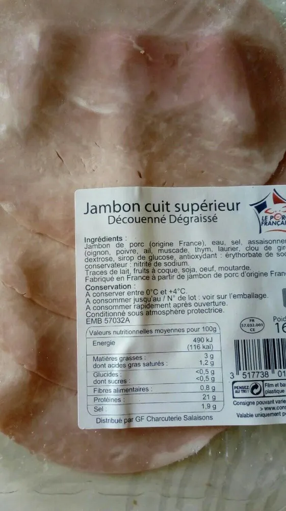 Jambon cuit supérieur decouenne degraisse