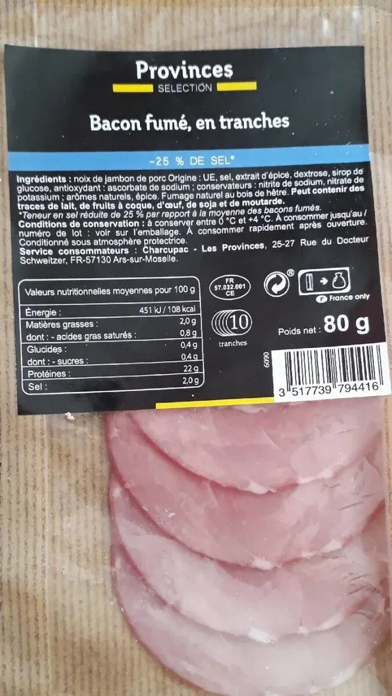 Bacon fumé, en tranches