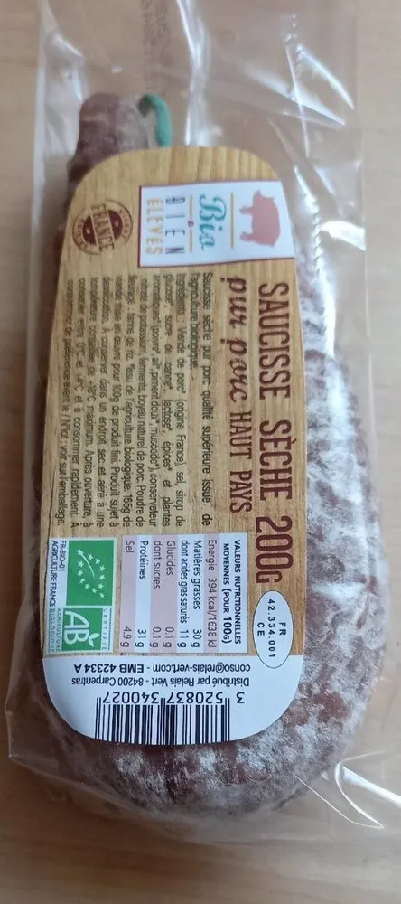 SAUCISSE SÈCHE pur porc HAUT PAYS 200g