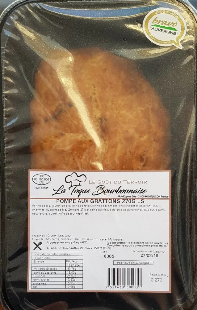 La Toque Bourbonnaise Pompe aux gratons la barquette de 270 g