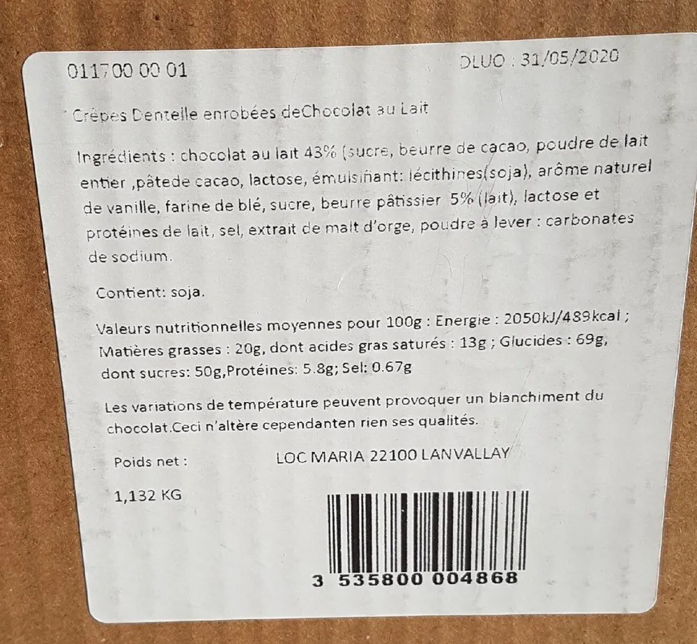 Crêpes dentelles enrobées de chocolat au lait