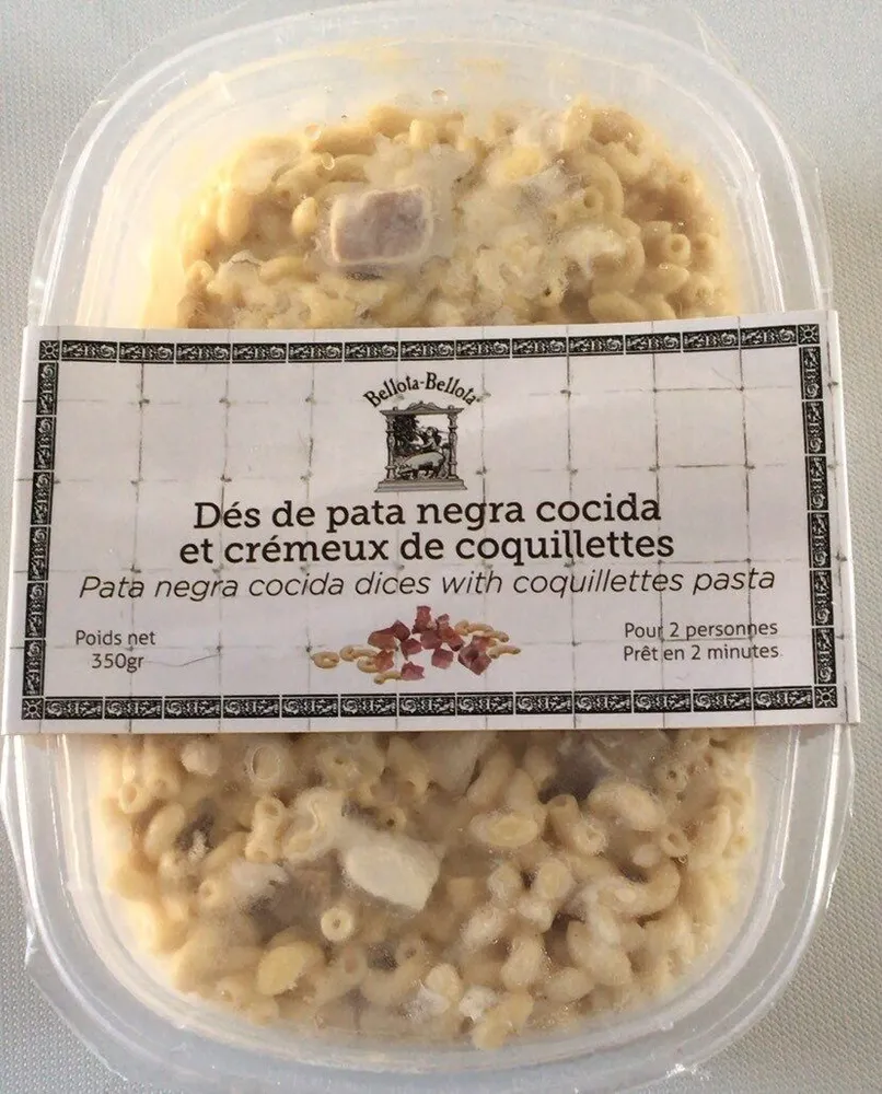 Dés de pata negra cocida et crémeux de coquillettes