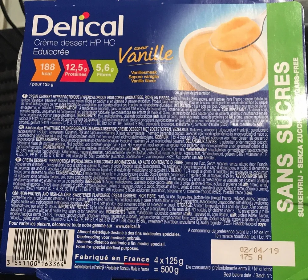 Delical Creme Dessert HP-HC Sans Sucre Vanille 4X125G