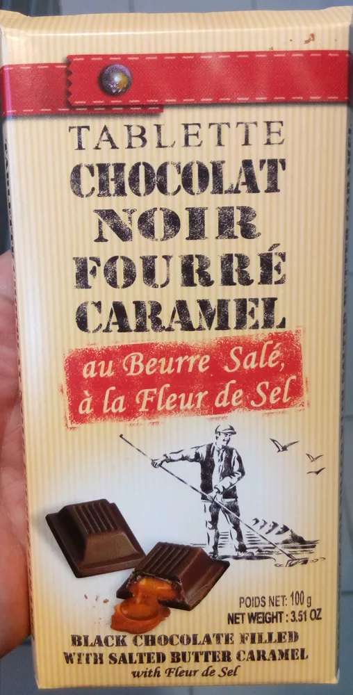Tablette de chocolat noir fourré caramel liquide au beurre salé, à la fleur de sel