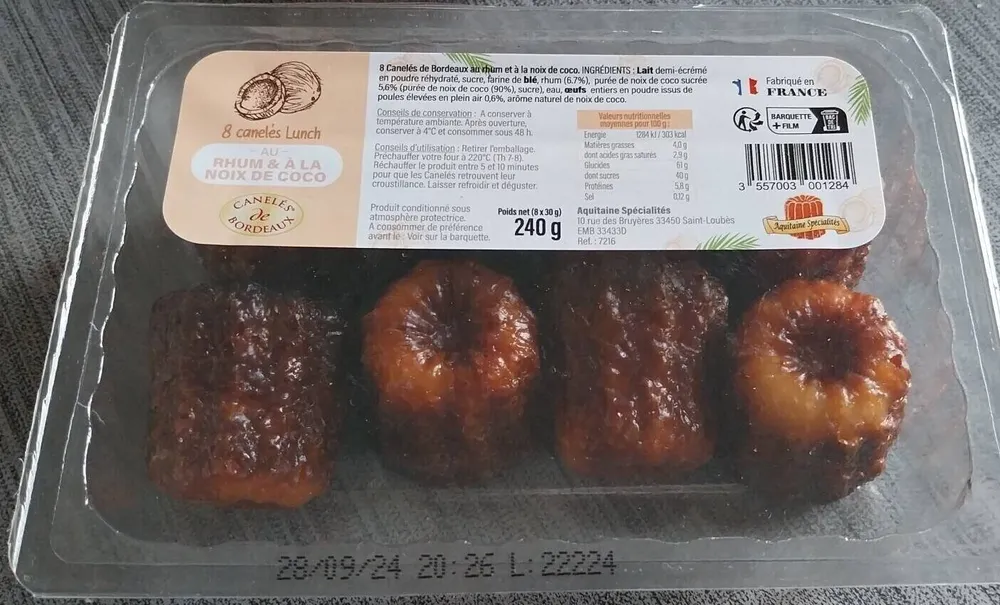 8 canelés Lunch au rhum & à la noix de coco
