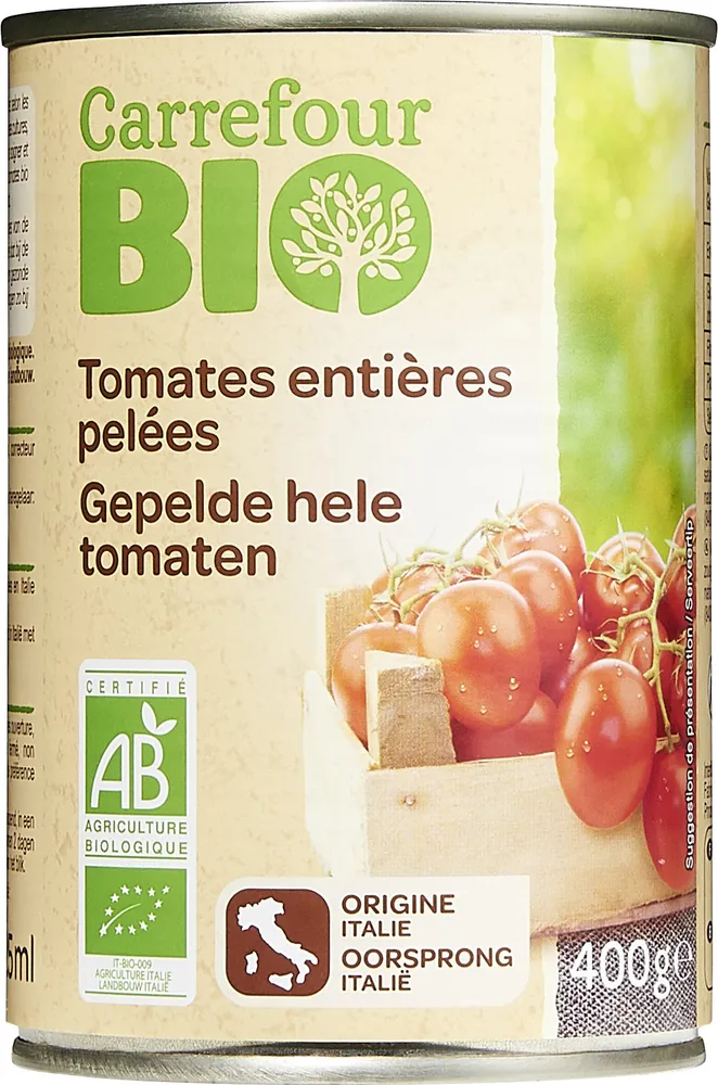 Tomates entières pelées au jus issues de l'agriculture biologique