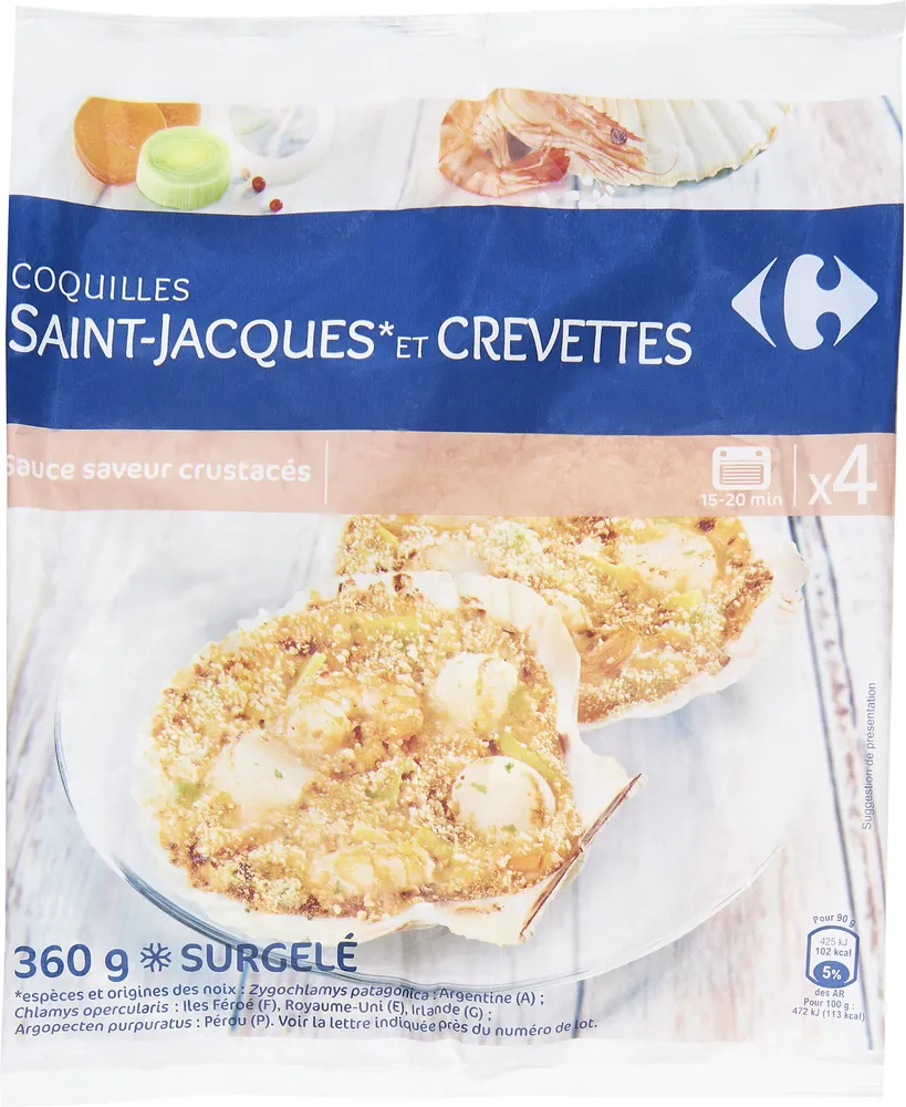 4 Coquilles Saint-Jacques* aux crevettes