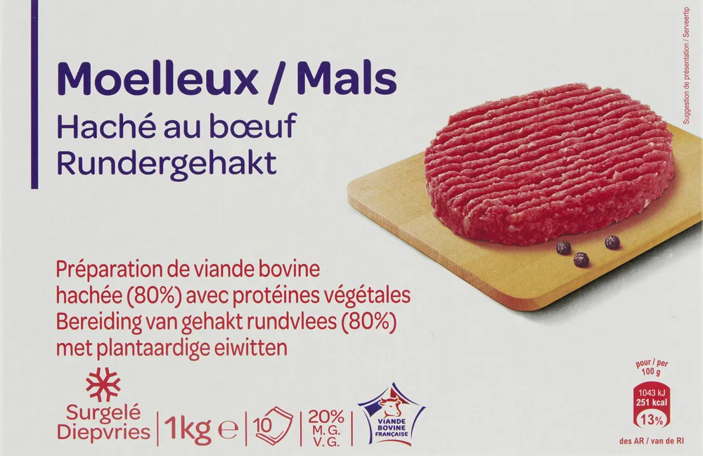 10 Moelleux hachés au bœuf* *Préparation à 80% de viande bovine hachée avec protéines végétales