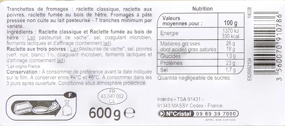 Tranchettes de fromages : raclette classique, raclette aux poivres, raclette fumée au bois de hêtre